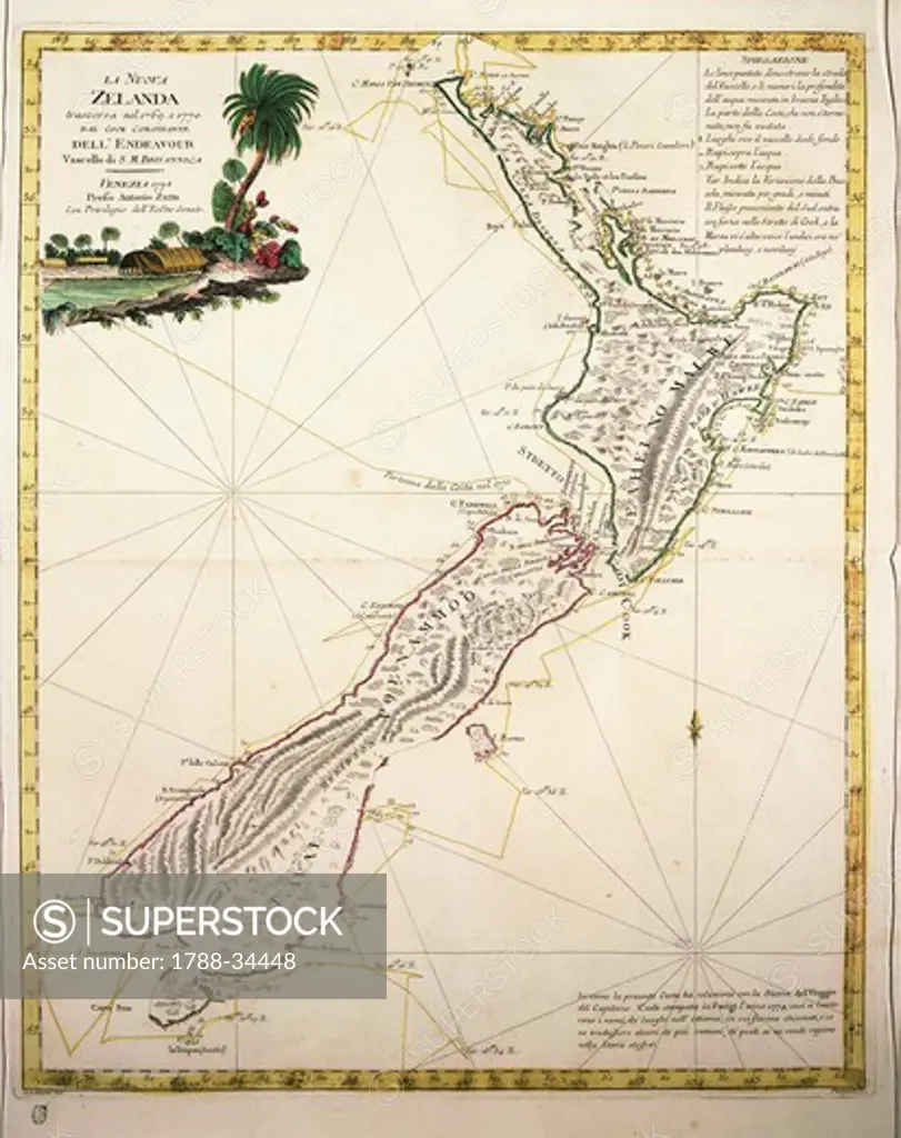 Cartography, 18th century. Map of New Zealand by Antonio Zatta according to the discoveries of James Cook, Venice 1778.