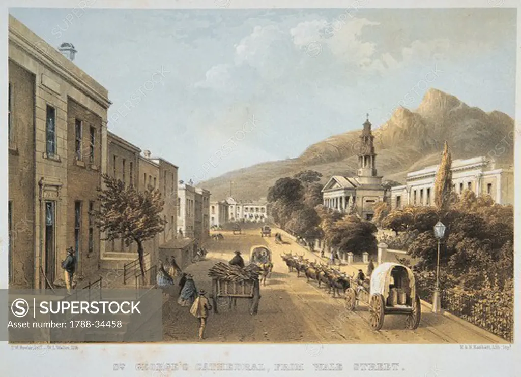 South Africa, 19th century. Cape Town, Wale Street and St George's Cathedral. Print by Thomas William Bowler.