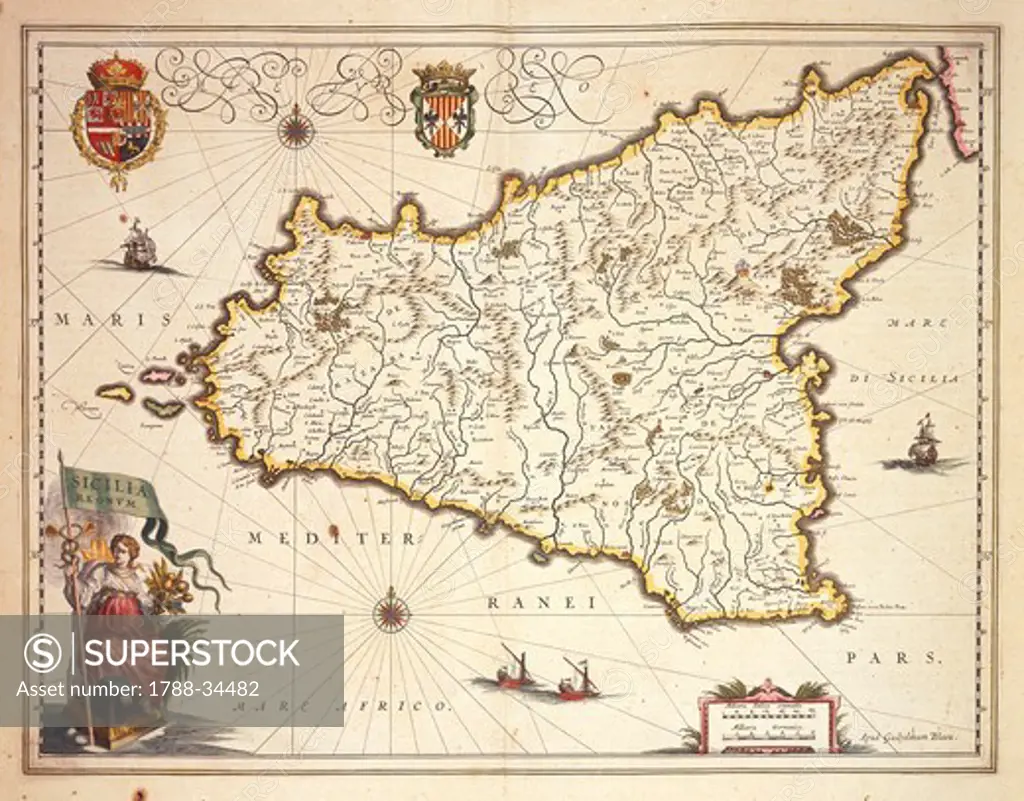 Cartography, Italy, 17th century. Map of Sicily region, by Joan Blaeu.