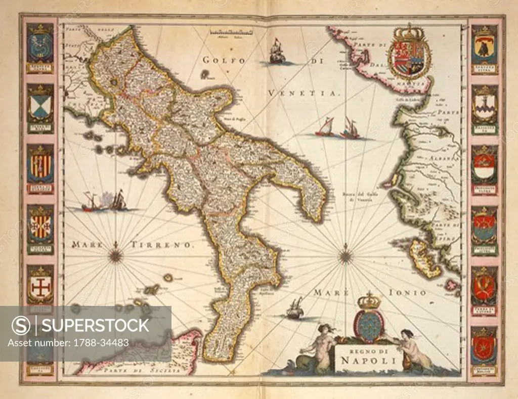 Cartography, Italy, 17th century. Map of Calabria region, by Joan Blaeu.