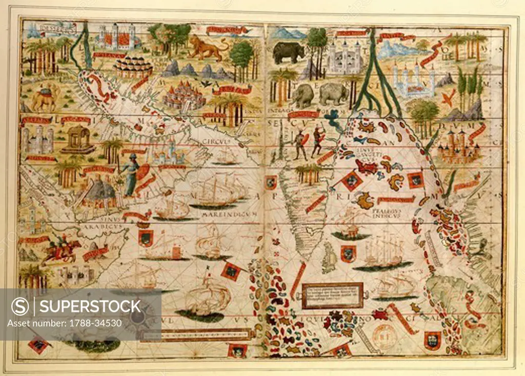 Cartography, 16th century. Map of India and Indian Ocean by Pedro and Jorge Reinel, Lopo Homen (cartographers) and Antonio de Holanda (miniaturist). From Miller Atlas, 1519.