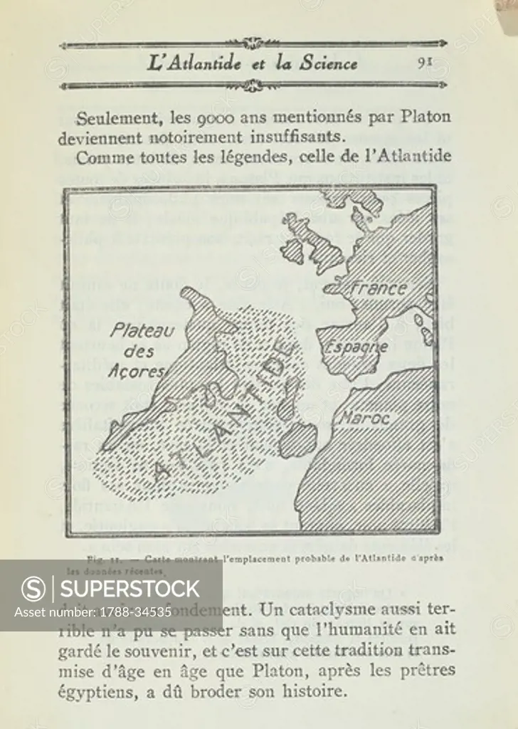 Cartography, 20th century. Map showing the probable location of Atlantis. From ""Atlantis, Does it Exist"" by Abbe' Moreux.