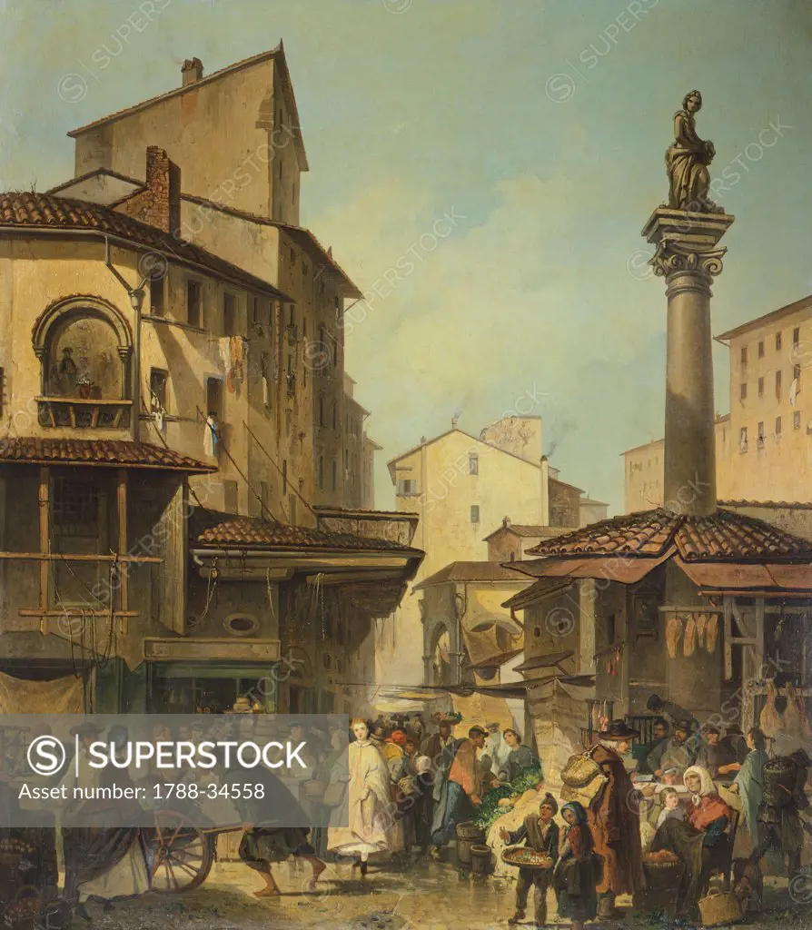 Market in Florence, by Giuseppe Moricci (1806-1880), Italy 19th Century.