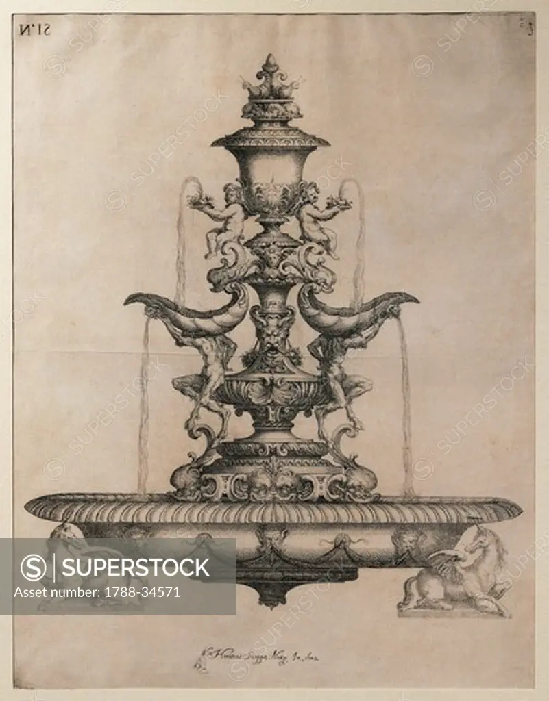 Centrepiece in the form of a fountain, by Horace Scoppa, etching.
