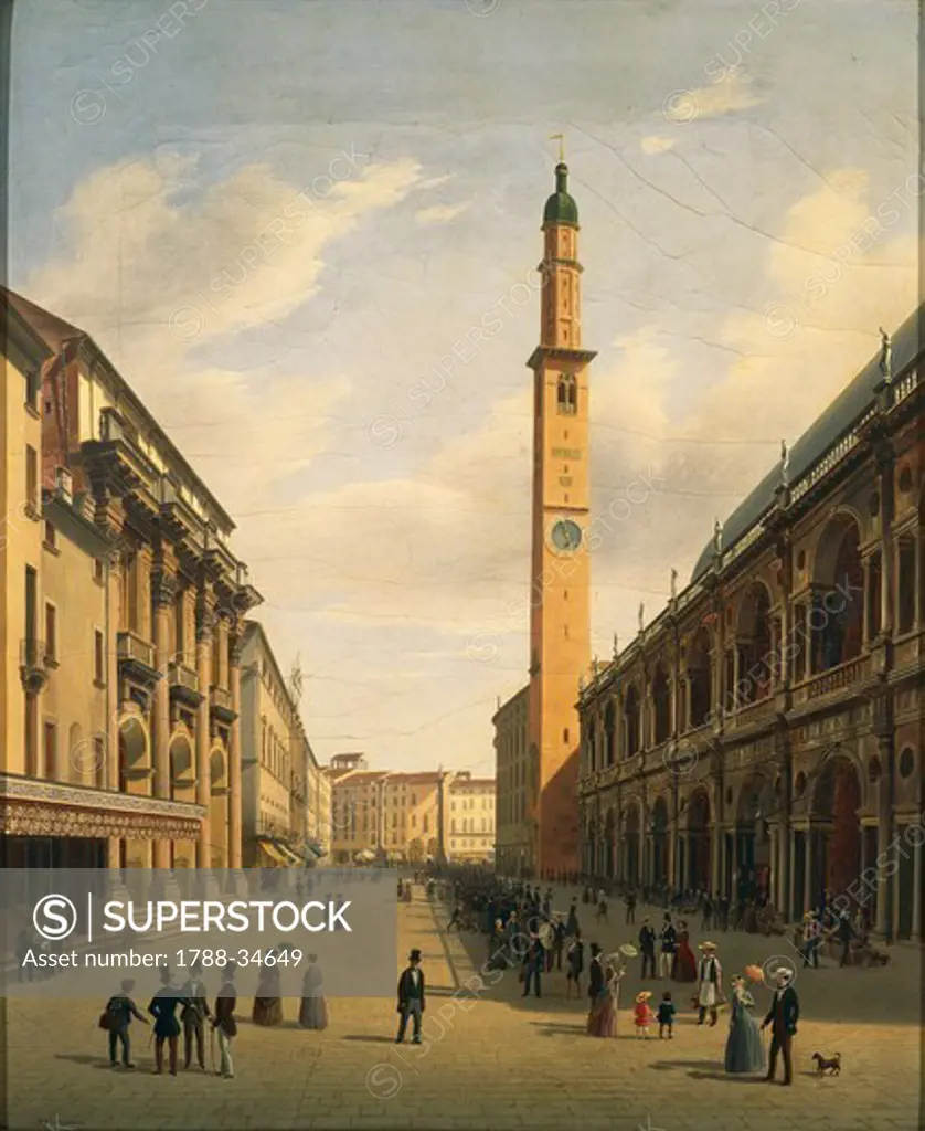 Italy, 19th century. Vicenza, Piazza dei Signori with the Basilica Palladiana and the Torre Bissara (Clocktower). Painting by Federico Castegnaro.