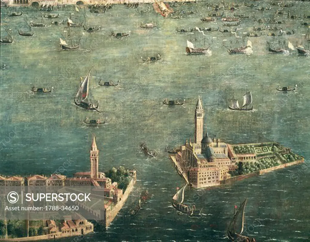 Italy, 17th century. Bird's eye view of Venice. Painting from the Venetian School. Detail: Church of the Redeemer and St. George.