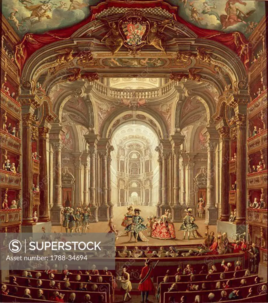 Italy, 18th century. Inauguration of the Teatro Regio in Turin, with the performance of the opera Arsace, by Francesco Feo (1691-1761), scenic design by Ferdinando Bibiena (1657-1743), December 26, 1740. Painting by P. D. Oliviero.