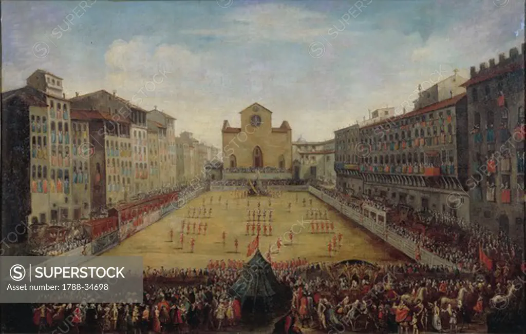 Italy, 18th century. Florence, Piazza Santa Croce with a Florentine football game or costume football game in 1739. Painting.