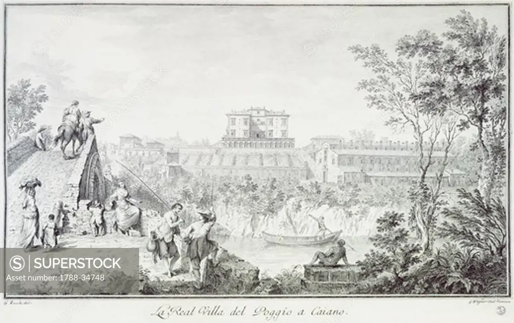 Villa Medici at Poggio in Caiano, by Giuseppe Zocchi (1711-1767) from View of the Villas and Surrounding Areas in Tuscany, Italy 18th Century. Engraving.