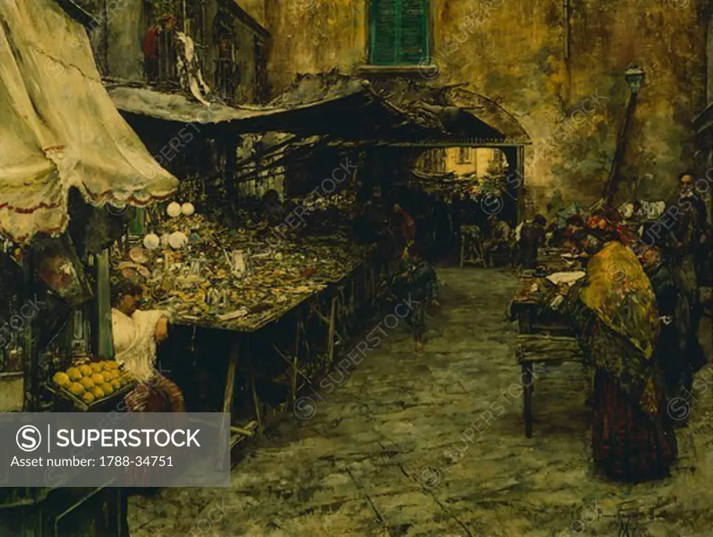 Market stalls in French Square (Piazza Francese) in Naples, by Vincenzo Migliaro (1858-1936), 1889, Italy 19th Century.
