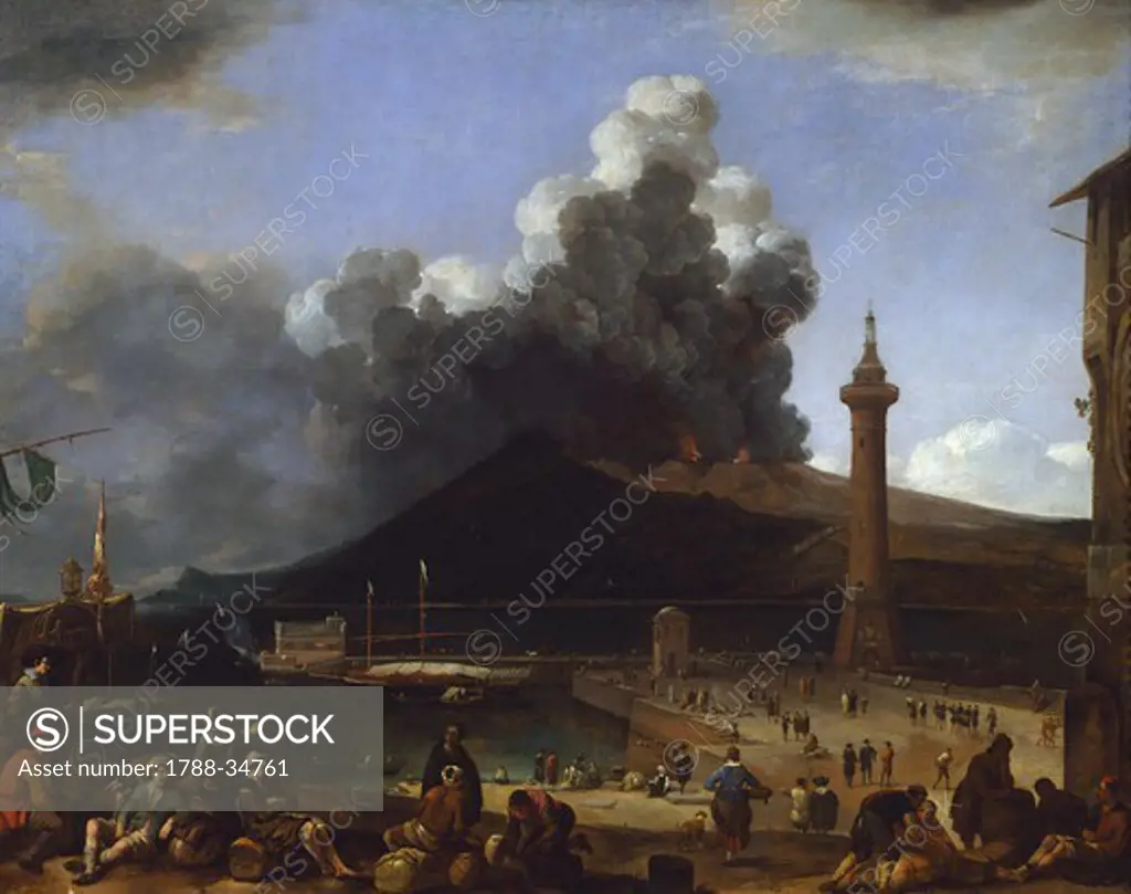 The port of Naples with Vesuvius erupting, by Johannes Lingelbach (1622-1674), Italy 17th Century.