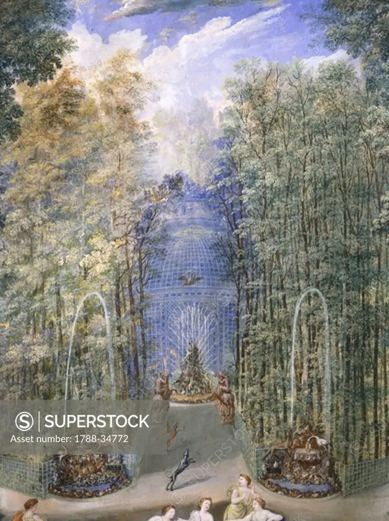 The entrance to the wood leading into the labyrinth in the gardens of Versailles, by Jean Cotelle, France 17th Century. Gouache.