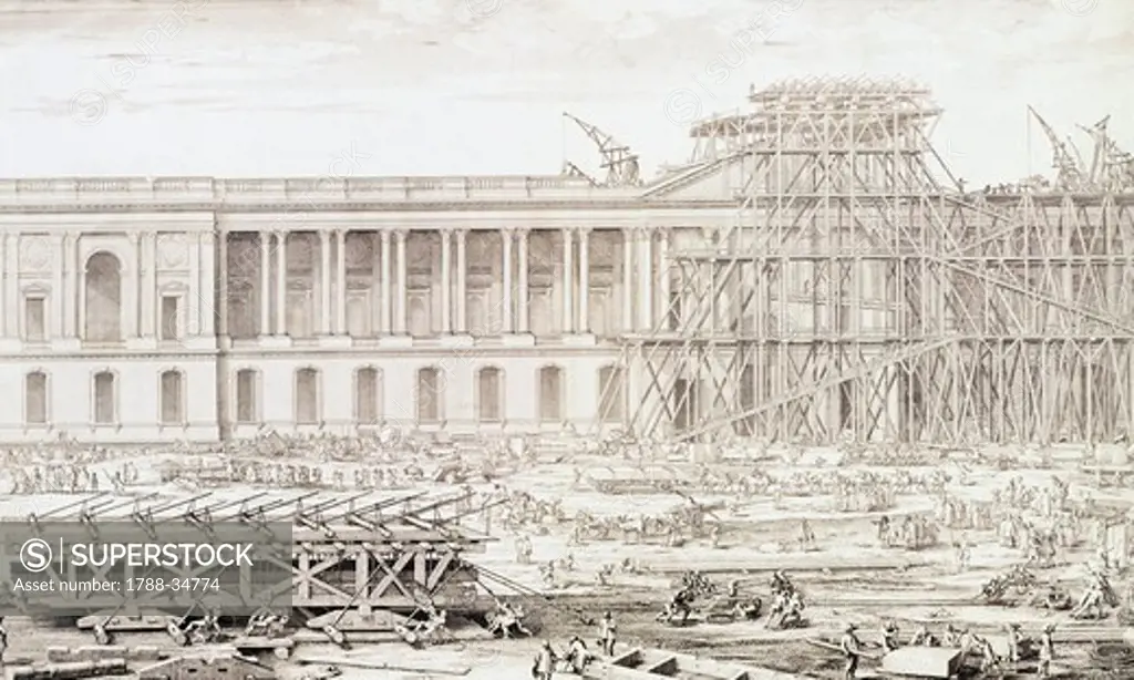Machines being used to lift the two stone blocks covering the gable of the main entrance of the Louvre in Paris, 1677, France 17th Century. Engraving.