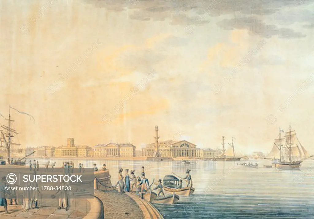 View of St. Petersburg and Neva River, Russia 19th century.