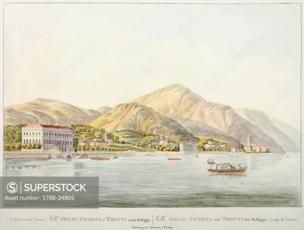 View of Villa Melzi in Bellagio on Lake Como, Italy 19th Century. Printing.