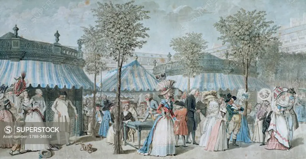 Strolling in the Palais Royal Garden in Paris by Debucourt, France 18th Century. Engraving.