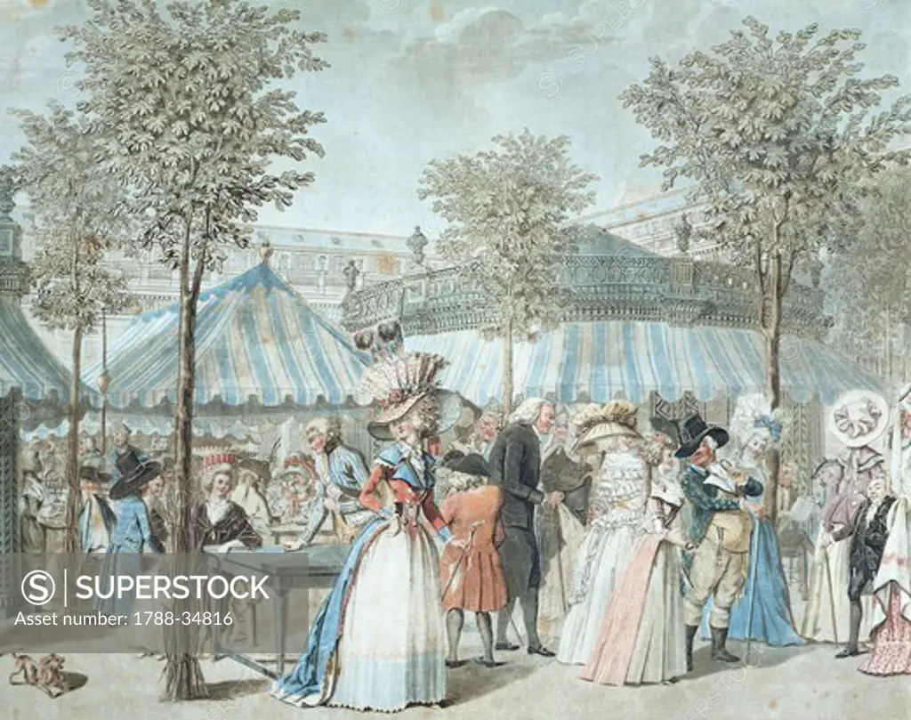 Strolling in the Palais Royal Garden in Paris by Debucourt, France 18th Century. Engraving, detail.