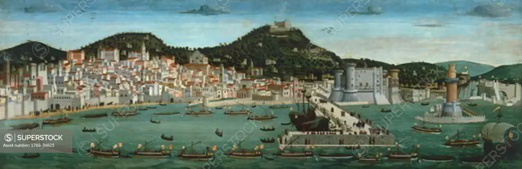 Aragonese fleet returning to Naples victorious after the Battle of Ischia 12 July 1465, from Tavola Strozzi, ca 1472, attributed to Francesco Rosselli, Italy 15th Century. Oil on panel, detail.
