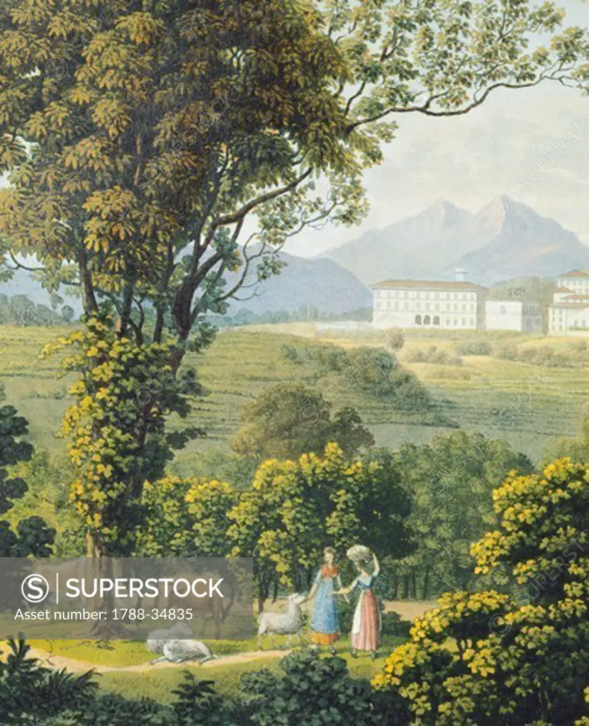 View of Monticello, near Lecco, 1823, by Caroline and Friedrich Lose, from A pictorial journey through the mountains of Brianza 1823, Italy 19th Century. Detail.