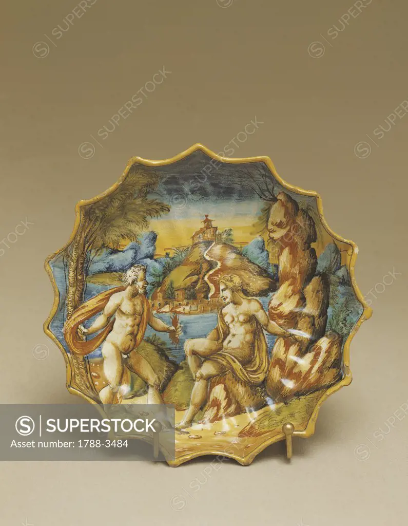Close-up of a Crespina plate depicting gods Jupiter and Juno, Urbino, Italy