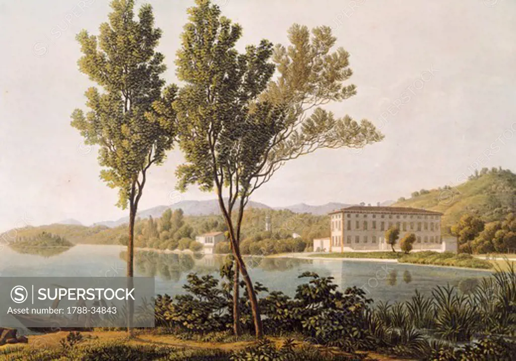 Lake and Villa Pusiano, by Caroline and Friedrich Lose, from A pictorial journey through the mountains of Brianza 1823, Italy 19th Century.