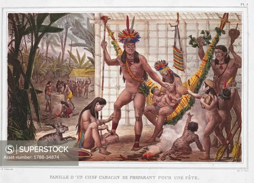 History of Exploration, Brazil, 19th century. A Camacan chief's family prepares a feast. From Historic and picturesque journey to Brazil of Jean Baptiste Debret, 1834.