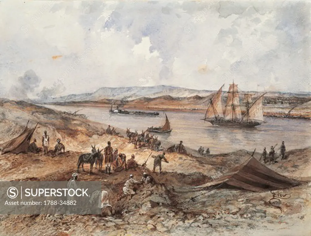 Egypt, 19th century. Empress of France Eugenie's journey on the occasion of the opening of the Suez Canal (1869). Watercolour by Edouard Riou for the album created to record the event.