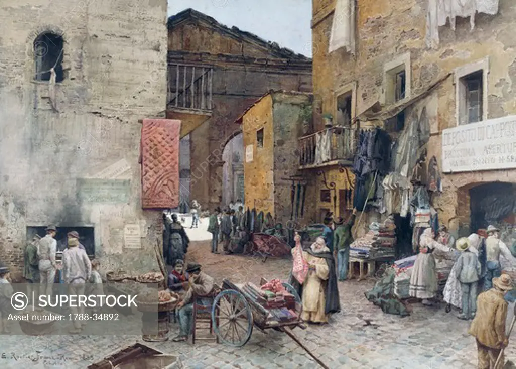 Ettore Roesler Franz (1845-1907). Rome, Via Rua with the Portico d'Ottavia in the background, 1888. Watercolor on paper, 57x79.5 cm.