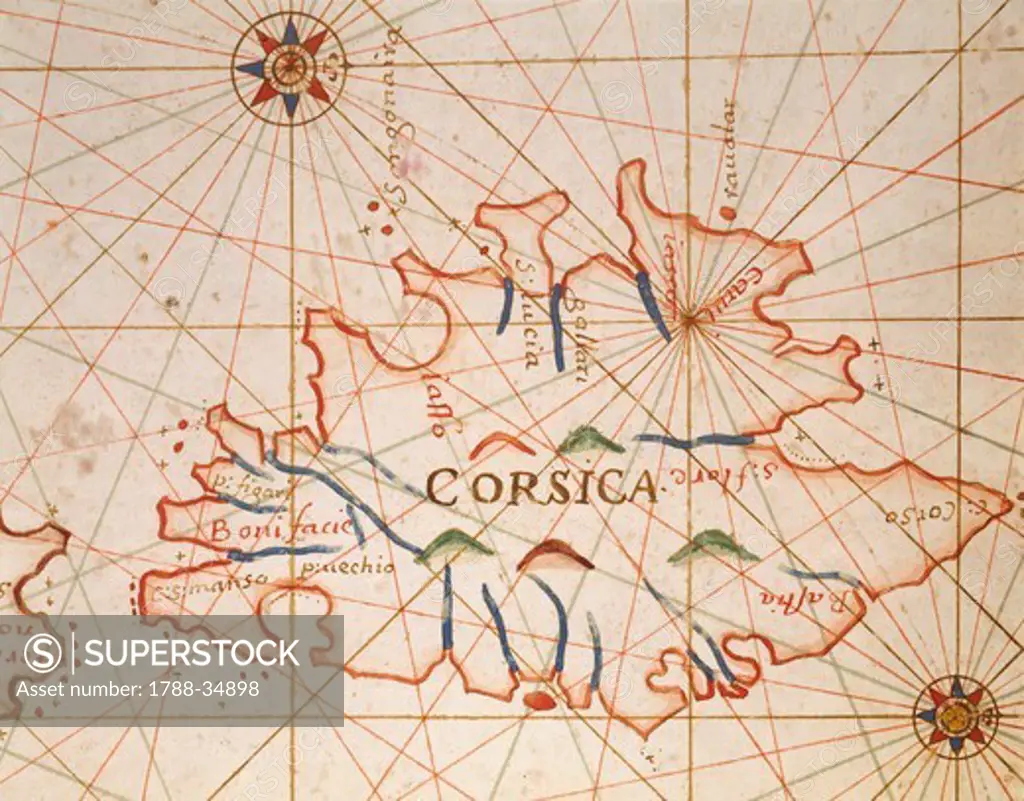 Corsica, sixteenth century navigational map.