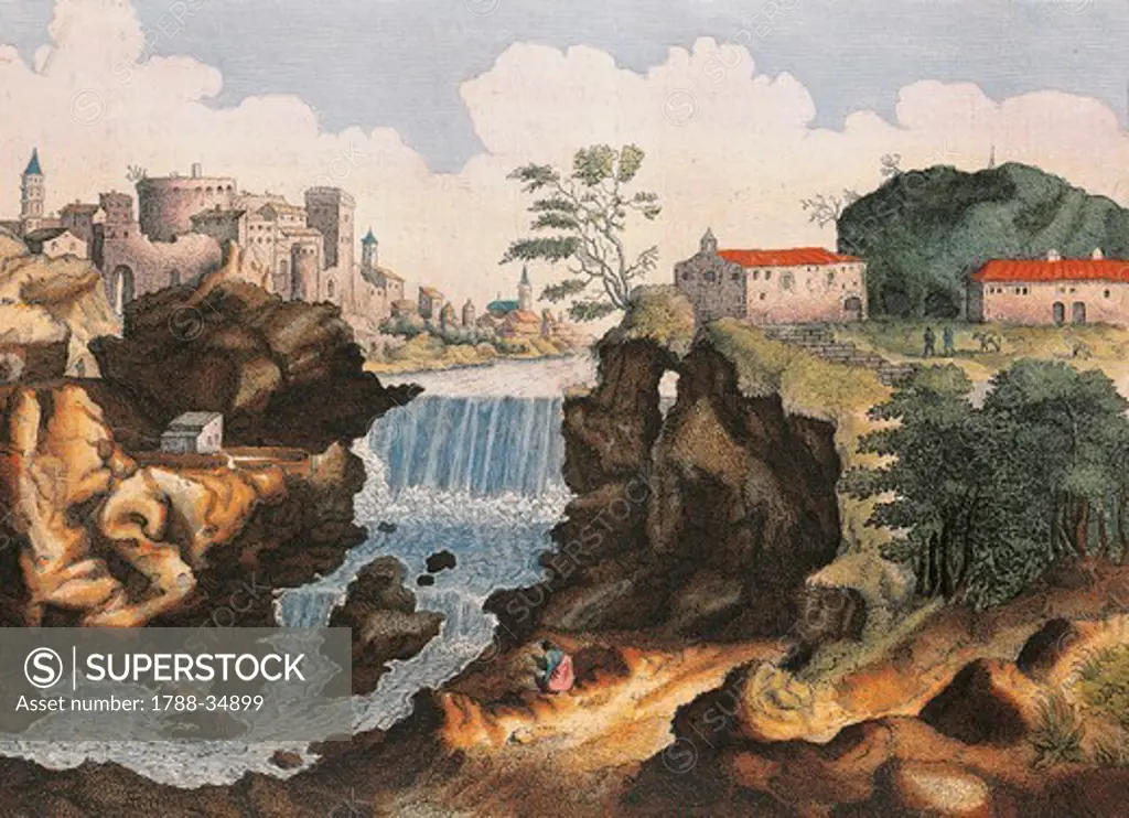 Italy, 17th century. The Aniene Waterfall in Tivoli (Rome). From Civitatis Admirandorum Italiae, by Joan Blaeu.