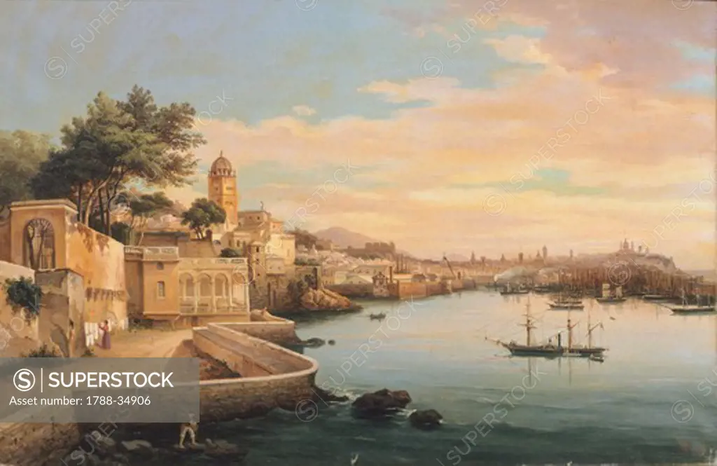 View of Genoa from the gardens of Palazzo Doria Pamphilj, by Pasquale Domenico Cambiaso (1811-1894), Italy 19th Century.