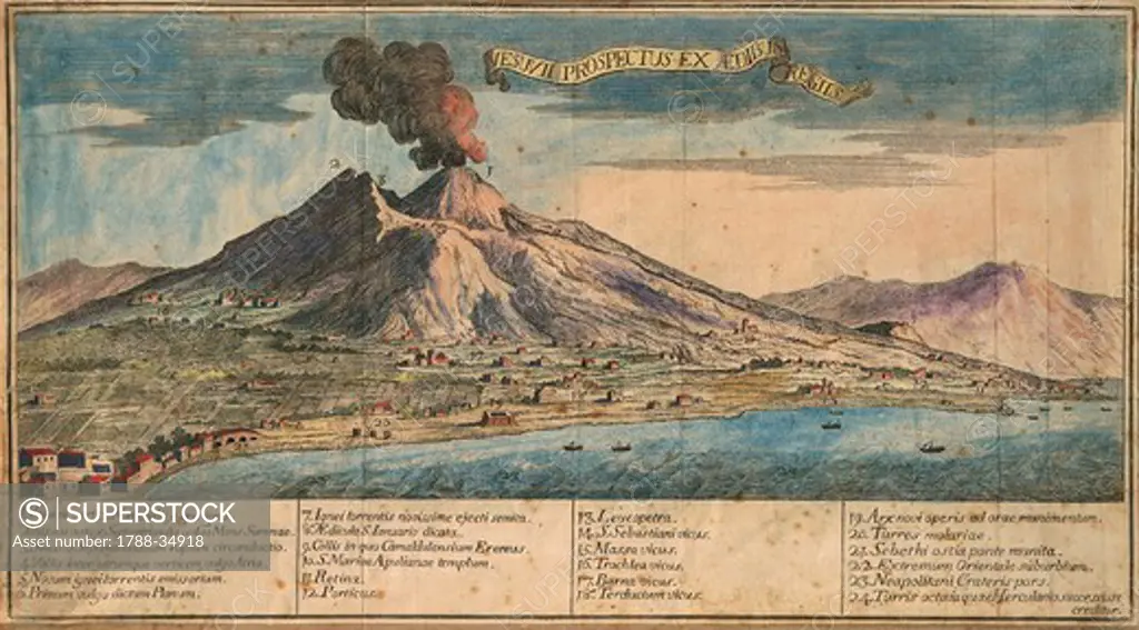 Italy, 18th century.The Gulf of Naples and Vesuvius. Engraving.