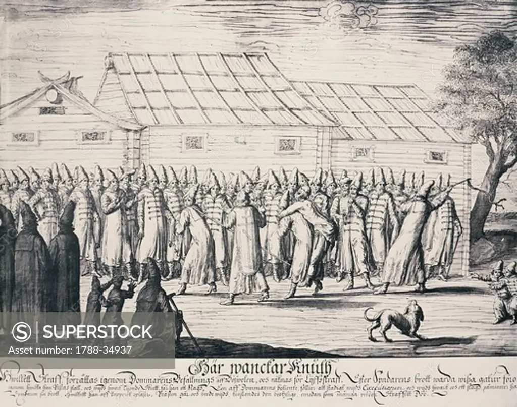 Russia, 17th century. Scene of a public whipping taken from A Swedish ambassador's Book of Observation , 1674.