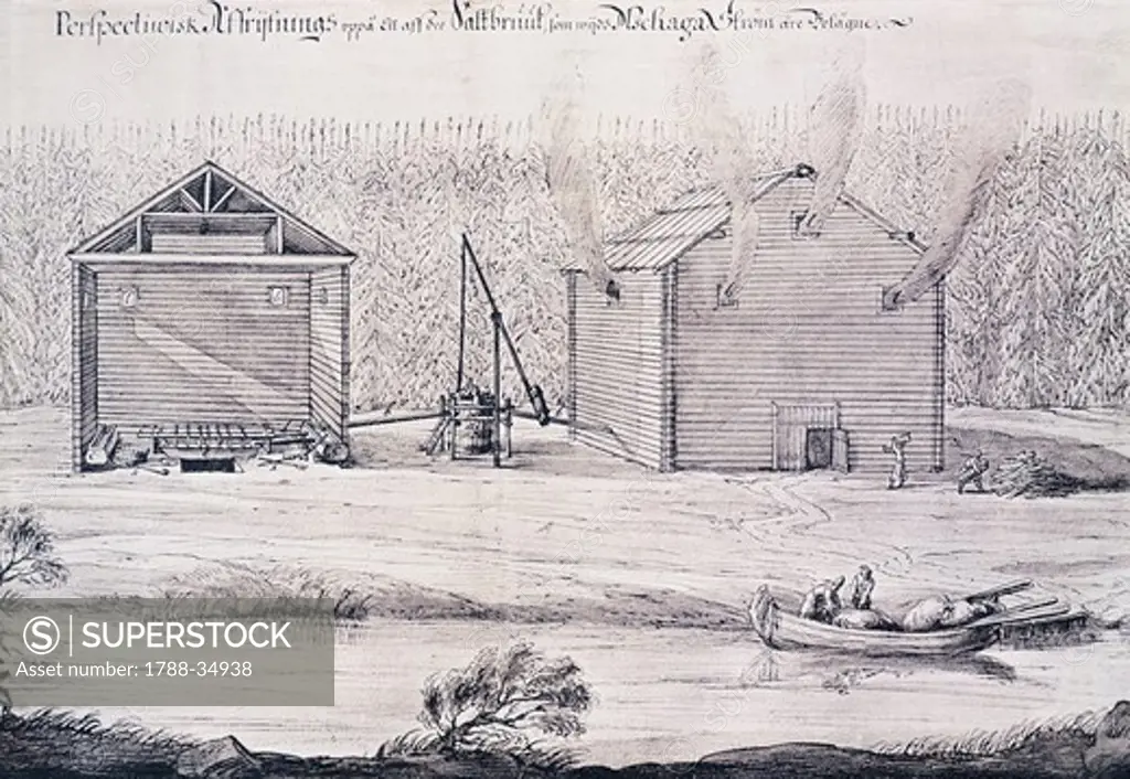 Salt extraction factory, Mschaga River, from the Book of Observation from the Swedish Embassy, 1674, Russia 17th century.