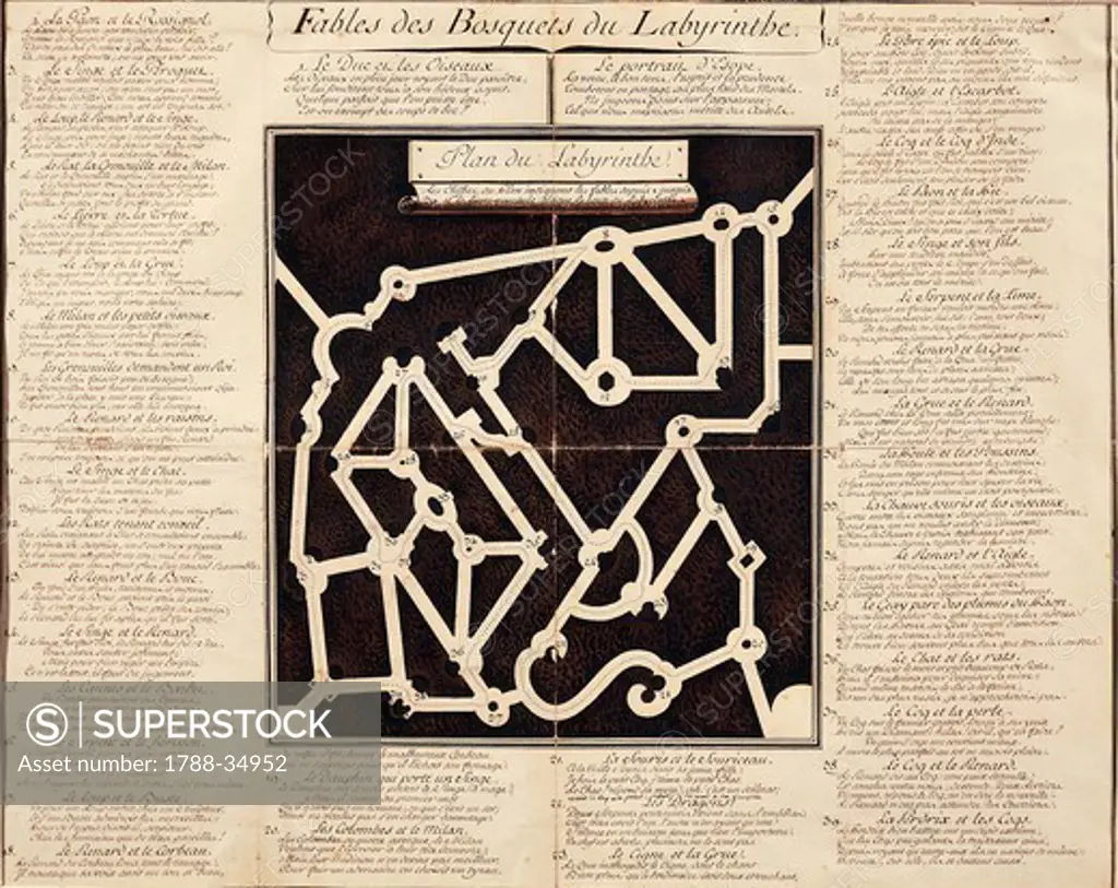 Board depicting the Fables in the Labyrinth and the layout of the labyrinth at Versailles, France 18th Century.