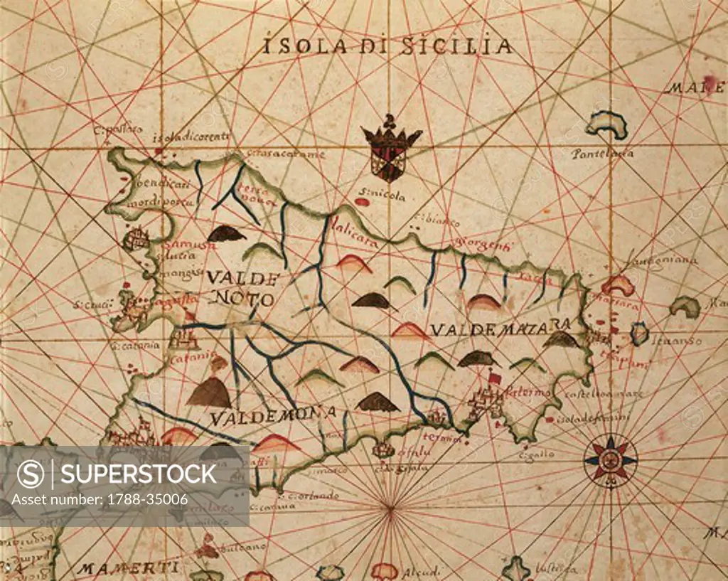 Cartography, Italy, 16th century. Portolan chart of Sicily.