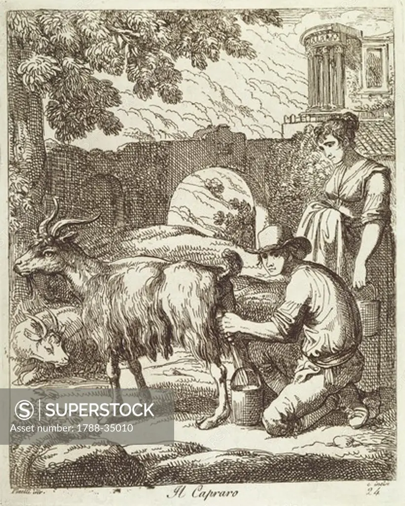 The goatherd, by Bartolomeo Pinelli (1781-1835), engraving.