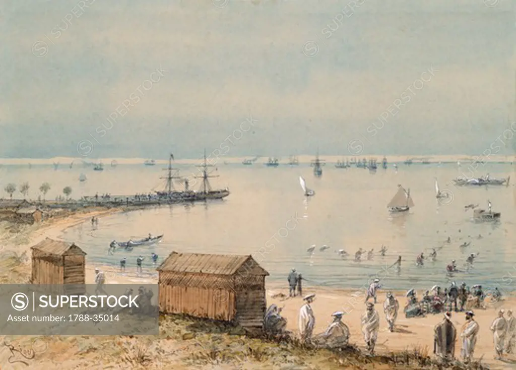 Extract from  the album souvenir of the trip of Empress Eugenie for the inauguration of the Suez Canal, 1869, by Edouar Riou, Egypt 19th Century. Watercolour.