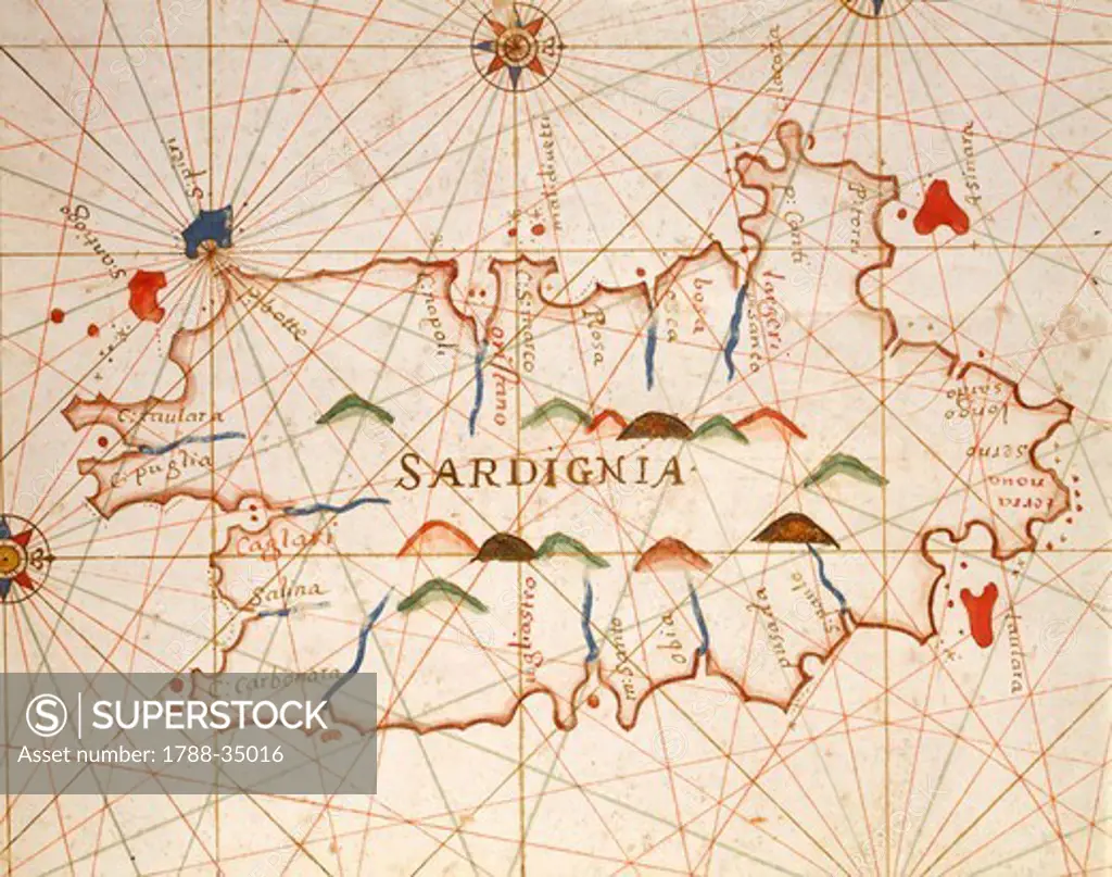 Sardinia Region, Italy, sixteenth century navigational map.