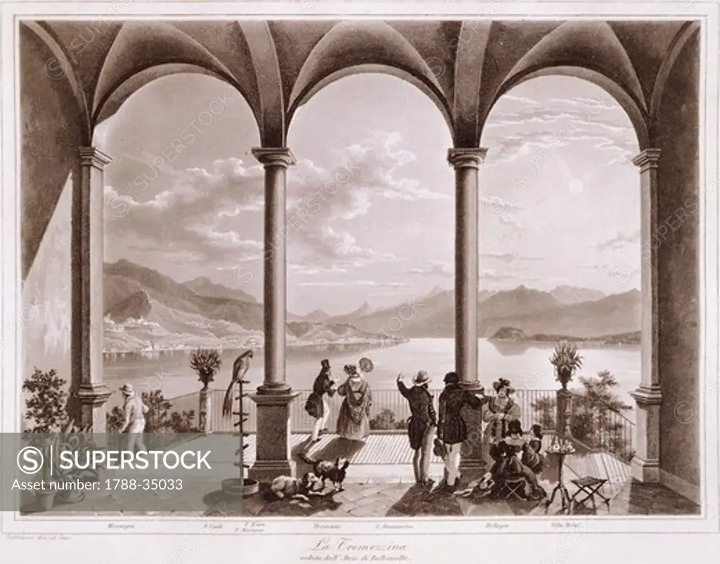 View of Tremezzina (the coastline of the western branch of Lake Como, stretching from Colonno to Cadenabbia) from the atrium of Villa Balbianello, by Johann Jakob Falkeisen (1804-1883), Italy 19th Century.