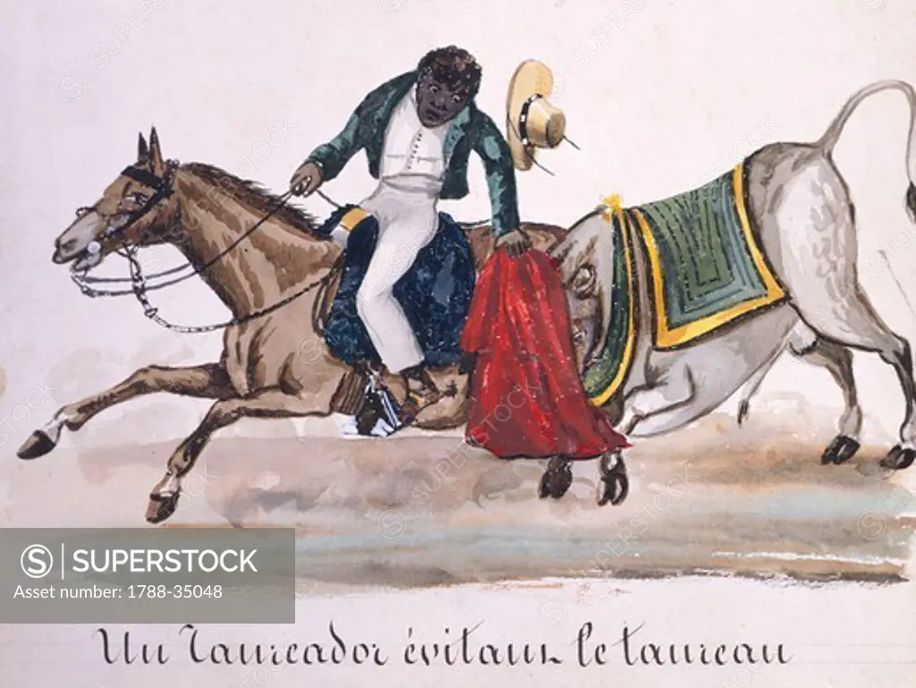 Bullfight In Lima, ca. 1840, Peru 19th century. Watercolour.