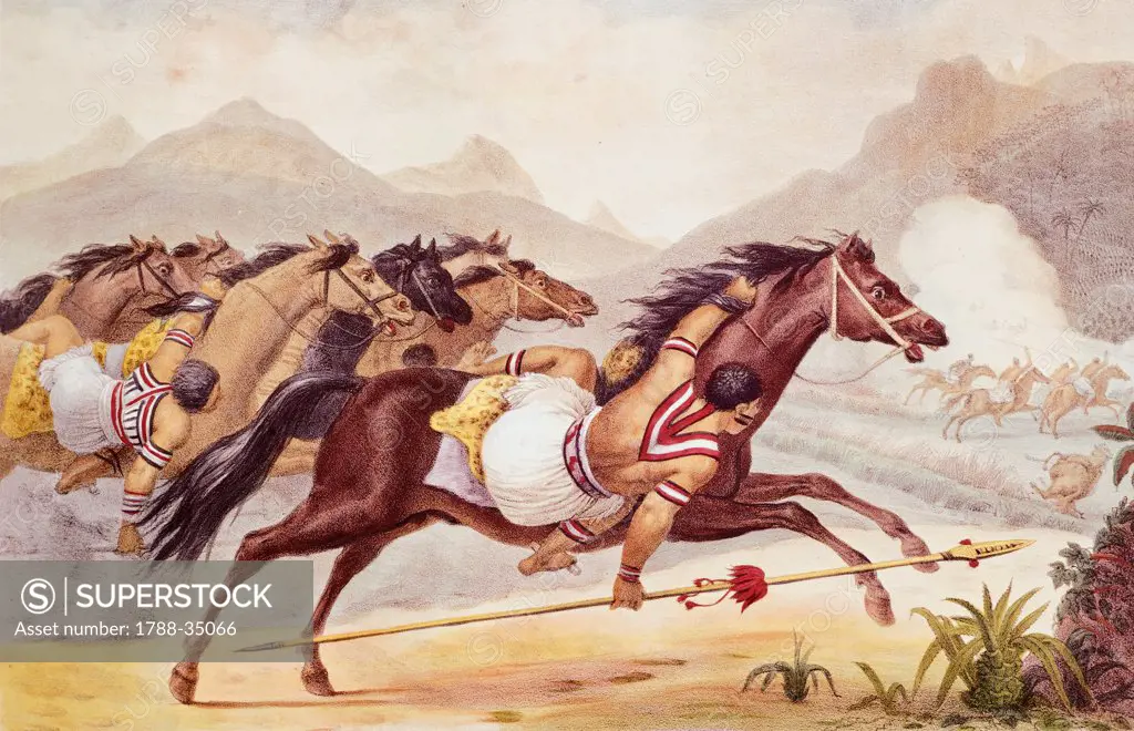 Guaycuru Indians on horseback, 1834, by J.B. Debret, form A Picturesque and Historic Voyage to Brazil, Brazil 19th Century.