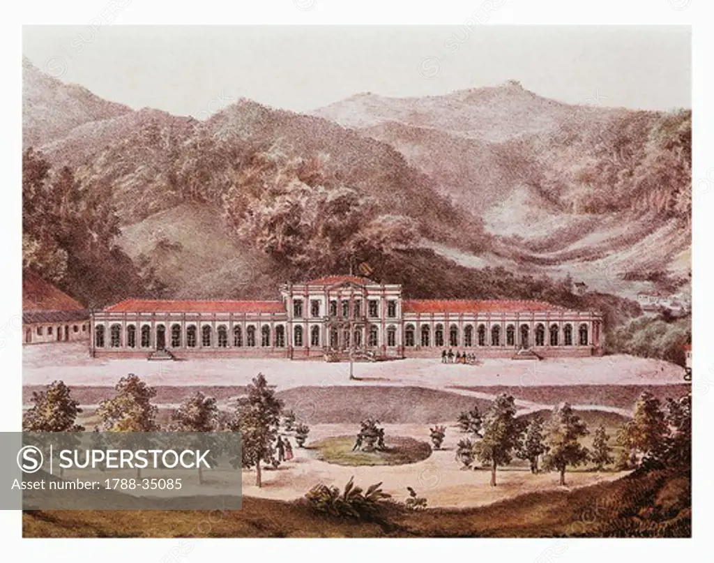 Petropolis. the Palace of the Emperors  commissioned by  Don Pedro II,  by Pieter G.  Bertichem, Brazil 19th Century. Engraving.