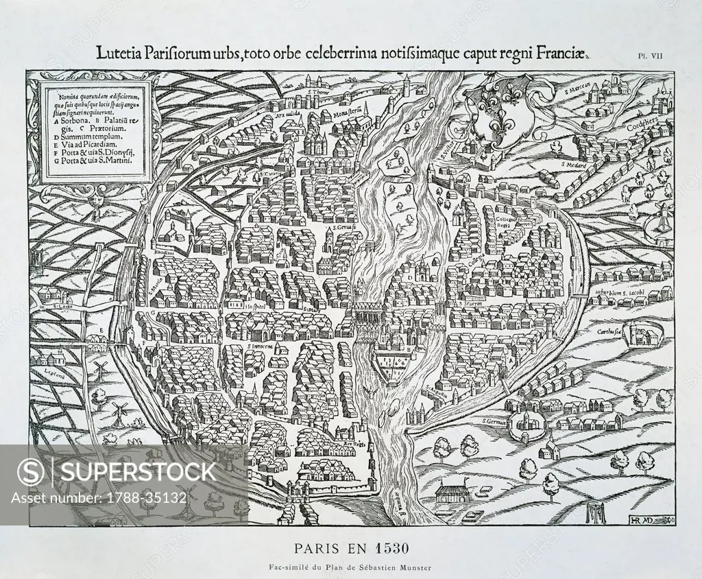 Cartography, France, 16th century - Paris city plan, 1530, by Sebastian Munster