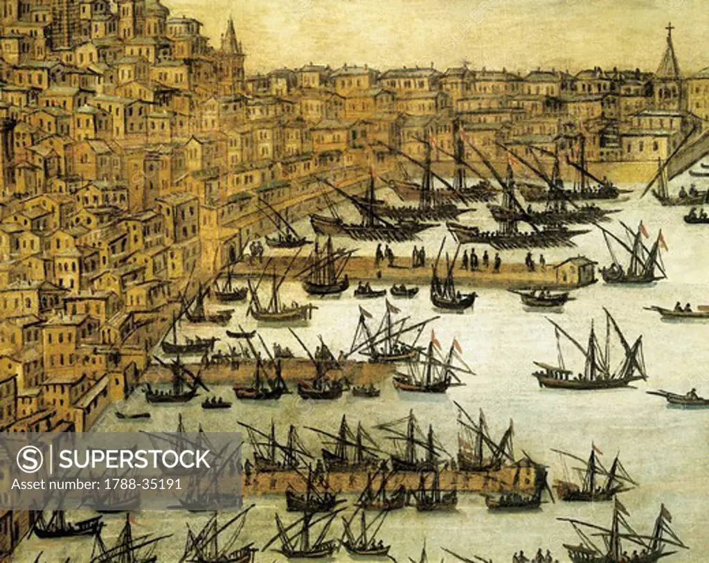 Italy, 17th century. Genoa Port, dredging the seabed. Details.