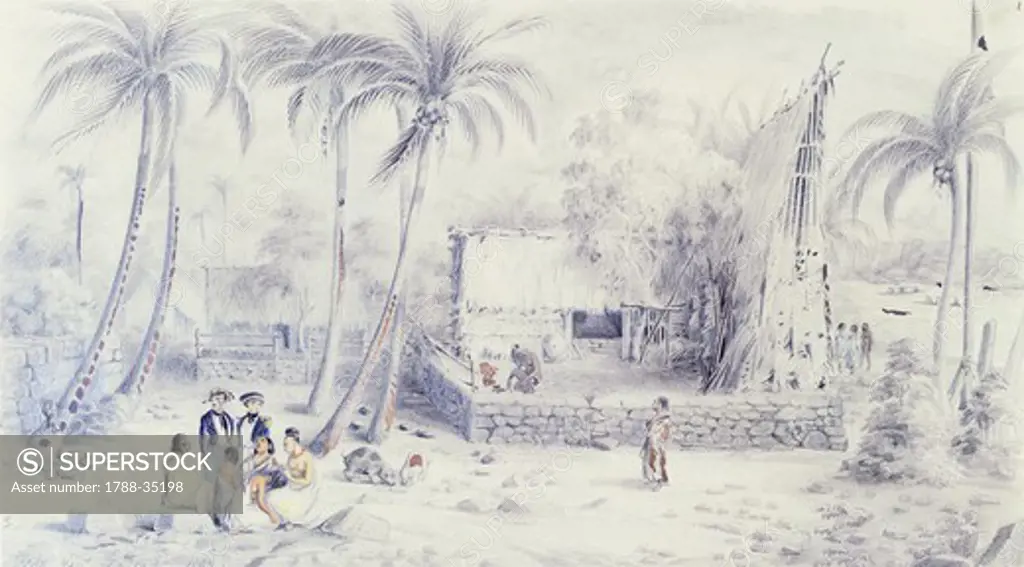 Scene of everyday life in the Marquesas Islands, by Maximilien Radiguet, Polynesia 19th century. Drawing.