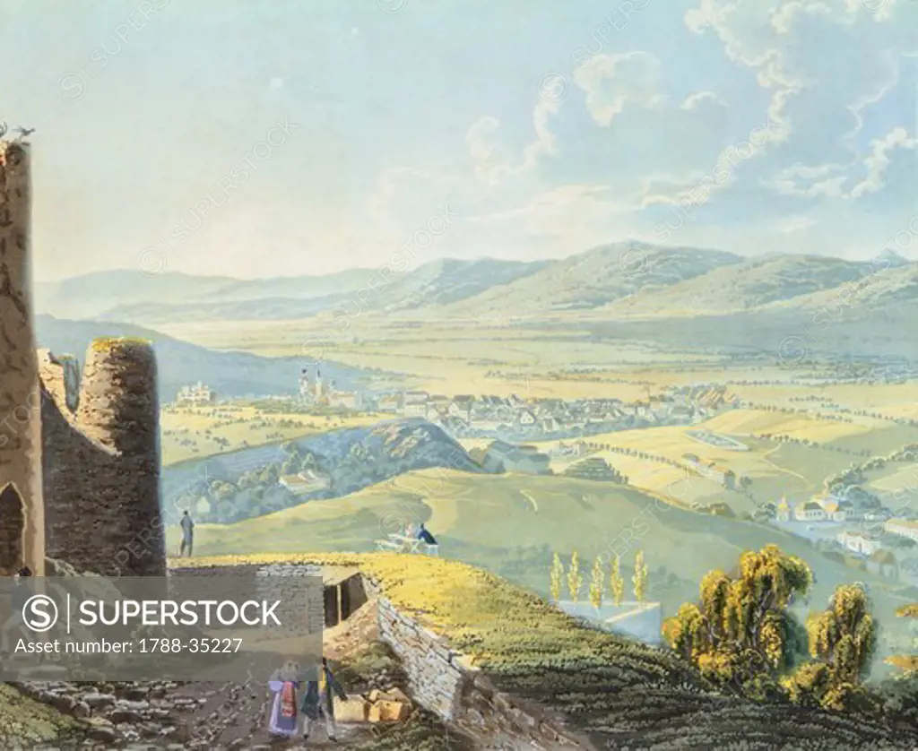 View of Teplitz in Bohemia with the ruins of the castle, Czech Republic 19th Century.