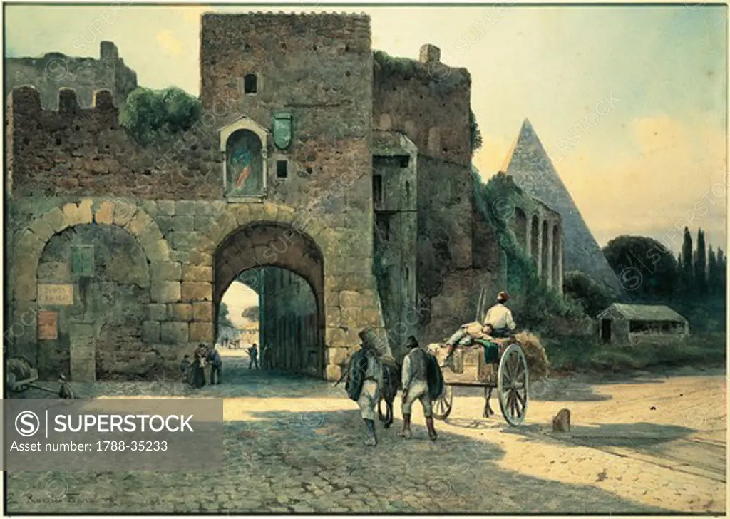 Ettore Roesler Franz (1845-1907). Rome, Porta San Paolo (St. Paul's Gate) and the Pyramid of Caius Cestius. Watercolour.