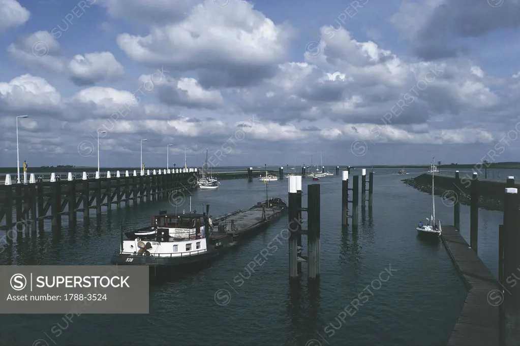 High angle view of a boat in a Sluice, Goes, Zeeland, Netherlands