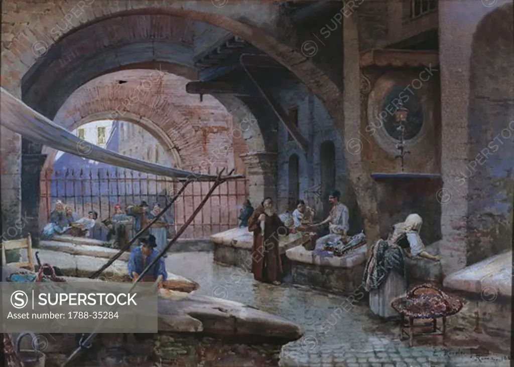 Ettore Roesler Franz (1845-1907). Rome, fishmongers in the Porticus Octaviae. Watercolor.